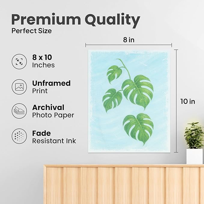ZUKIY Monstera Botanical Hanging Print - Magnetic Wood Poster Hanger - Unframed 8x10 Poster for Modern Wall Decor - Minimalist Tropical Plant Art for Home Office Studio or Classroom Walls