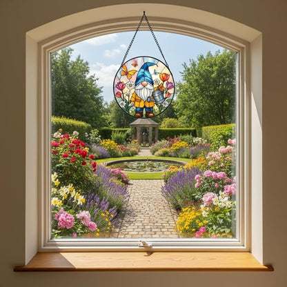 Stained Glass Window Hanging, Gnome in Garden Sun Catcher for Indoor Window Decoration with Flowers & Butterflies, Stained Glass Home Decor Gift for Women and Men G34 (6.3'')