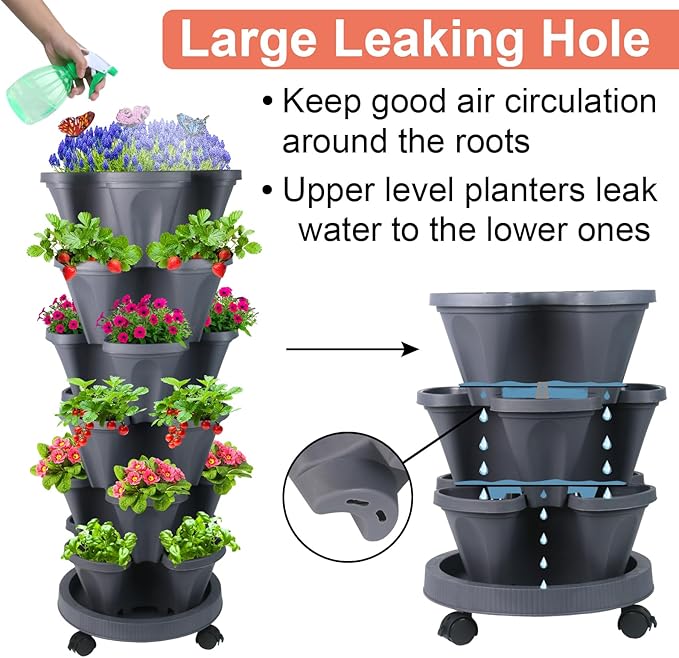 GameXcel Vertical Planter, 6 Tier Stackable Strawberry Planter with Garden Tool Set, Movable Indoor/Outdoor Garden Herb Pot for Growing Vegetables and Succulents, Dark Gray