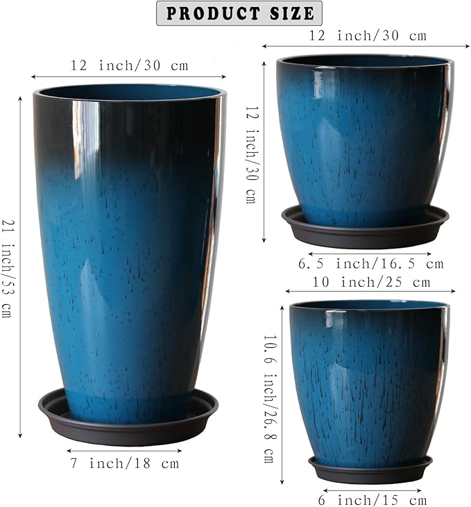 Large Plastic Planters with Tray 11"/12"/21" H Set of 3 for Indoor Outdoor Lightweight Use, Decorative Flower Pots Tall Plant Pot of Garden, Patio, Front Porch Corner Blue Color Round
