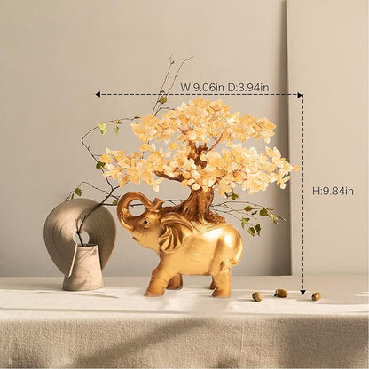 Citrine Crystal Money Tree on Gold Mini Elephant Statue, 10”Gemstone Bonsai Tree of Life Home Décor Gifts for Wealth Positive Energy, Feng Shui Décor