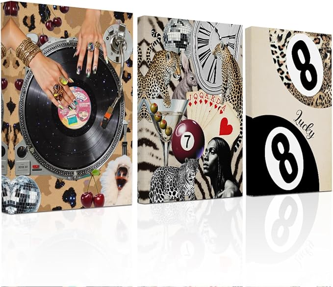 Trendy Leopard Print Framed Canvas Wall Art Set of 3, Vintage Vinyl Record Cheetah Wall Decor Aesthetic, Funky Lucky 8 Ball Picture Trendy Decor for Home Living Room Bathroom, 11.4"x15"