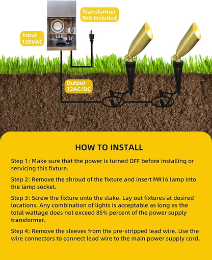 COLOER Die-cast Brass Landscape Spotlight 6-Pack with 5W Aluminum Housing LED MR16 Bulb,12V AC/DC Low Voltage Copper Outdoor Lighting, Directional Garden Patio Spot Up Light (102B Copper Finish)