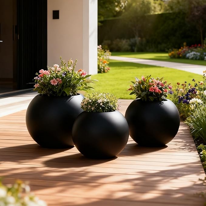 15.8”Dx12.2”H Lightweight Durable Modern Plastic Sphere Planter with Drainage Hole & Rubber Plug Weather Resistant,Planters for Indoor Plants & Outdoor,Large Plant Pot,(black, 10.4" Pot Opening)