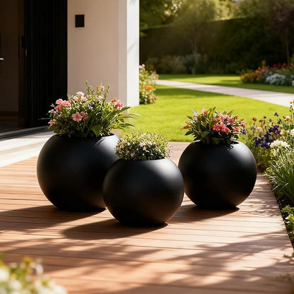 15.8”Dx12.2”H Lightweight Durable Modern Plastic Sphere Planter with Drainage Hole & Rubber Plug Weather Resistant,Planters for Indoor Plants & Outdoor,Large Plant Pot,(black, 10.4" Pot Opening)