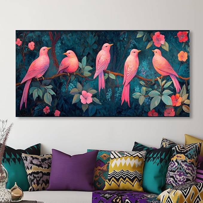 Pink Birds Canvas Wall Art Birds Floral Tree Canvas Pictures Bird on Tree Branch Painting Flower Wall Decor Canvas Nature Farmhouse Animal Painting for Girl’s Room Bedroom Bathroom Living Room Ready to Hang (30x60 Inches)