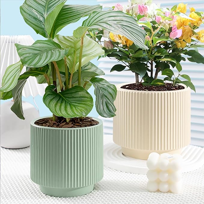 Ceramic 4.9+6.3 inch Planters, Modern Home and Office Flowerpot, Indoor and Outdoor Flowerpot with Drainage Hole (Green)