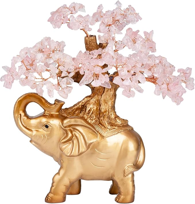 Rose Quartz Crystal Money Tree on Gold Mini Elephant Statue, 10”Gemstone Bonsai Tree of Life Home Décor Gifts for Wealth Positive Energy, Feng Shui Décor