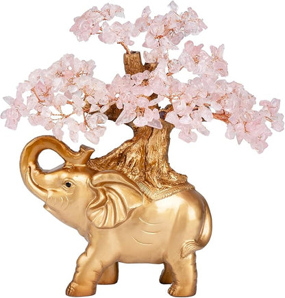 Rose Quartz Crystal Money Tree on Gold Mini Elephant Statue, 10”Gemstone Bonsai Tree of Life Home Décor Gifts for Wealth Positive Energy, Feng Shui Décor