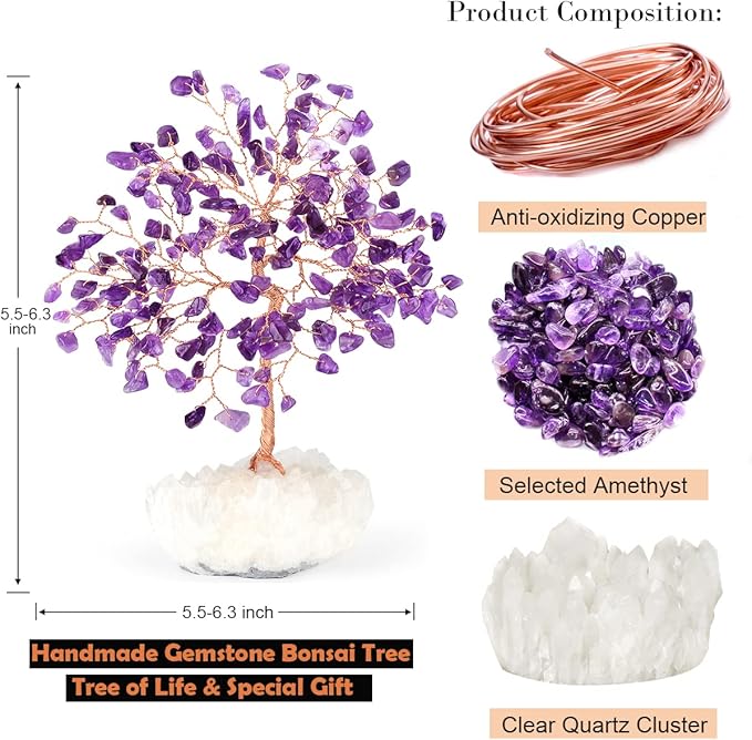 Natural Amethyst Crystal Tree of Life,Clear Quartz Cluster Base,Healing Crystals Positive Energy Gem Money Tree Bonsai,Feng Shui Decor,Spriture Gift Size 5.5"-6.3"