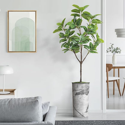 Artificial Tree in Gray Marble Effect Planter, Fake Magnolia Tree for Indoor and Outdoor Home Decoration - 70" Overall Tall (Plant Pot Plus Tree)