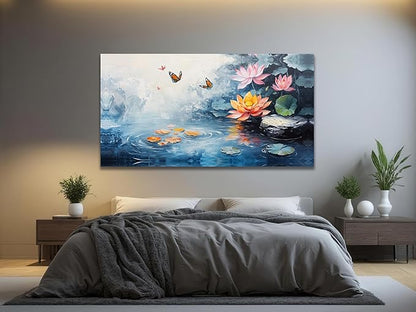 Enartly Lotus Canvas Wall Art for Living Room, Butterfly Floral Painting Zen Artwork Framed for Bedroom Hallway Spa Salon Yoga Picture Home Office Wall Decor, Large 40"x20"