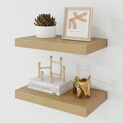 16 Inch Floating Shelves, 9.3" Deep Floating Shelf Wall Mounted, 16" Wall Shelves, Rustic Deep Bookshelf, Large Display Shelves & Storage Shelves for Bedroom, Living Room, Oak, Set of 2