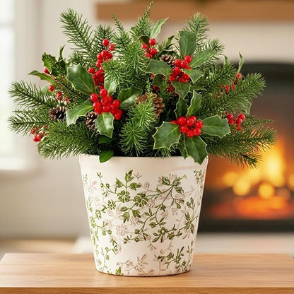 Ceramic Planter with Drainage Hole, Plastic Tray & Mesh, 6.7 Inch - Indoor/Outdoor Flower Pot for Orchids, Succulents, Green Floral Modern Farmhouse Décor for Home,Office and Garden, Ideal Gift