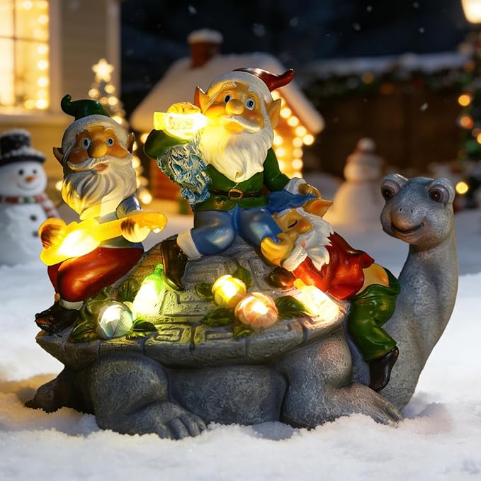 Upgraded Size Christmas Gnomes Outdoor Statue Three Gnomes Having Party on Turtle with 7 LED Solar Figurine for Garden Lawn,Patio,Yard Decor Unique for Grandfather, Father,Grandma,Wen