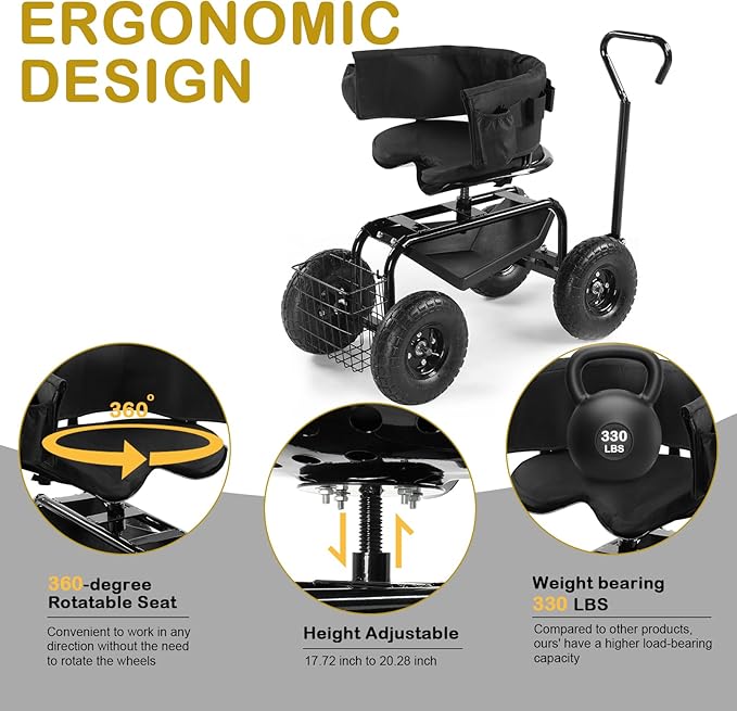 Outvita Rolling Garden Seat with Wheels, Gardening Stool with Height Adjustable 360 Degree Swivel Seat, Ergonomic Backrest, Tool Tray & Storage Basket, Outdoor Gardening Scooter Cart for Patio, Black