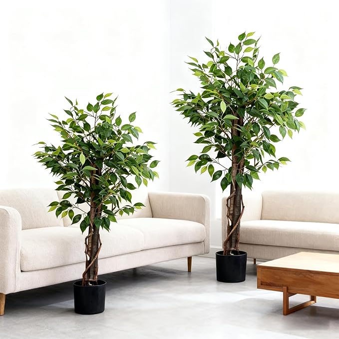 5ft Decorative Fake Ficus Tree Indoor, Artificial Trees Indoor for Home Decor, Potted Faux Tree Plant with Realistic Silk Leaves, Natural Triple Wood Trunk for Outdoor, Office