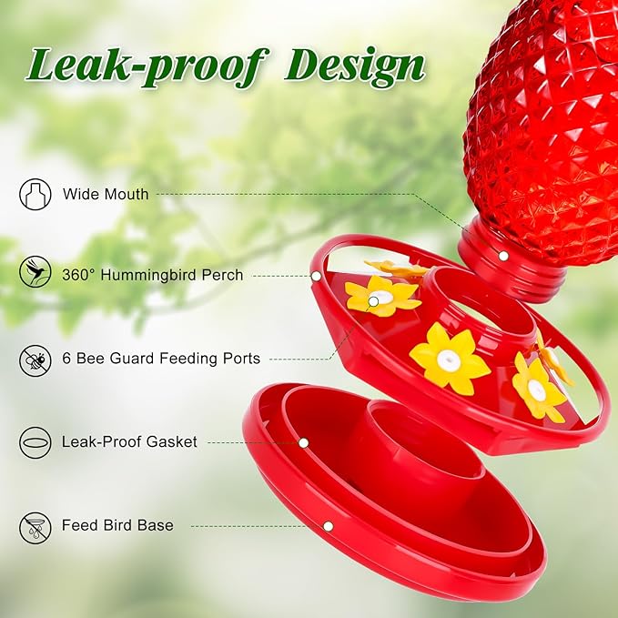 Glass Hummingbird Feeders for Outdoors Hanging Ant and Bee Proof 16OZ 1 Pack Red Pineapple Humming Bird Feeder with 6 Feeding Ports and Ant Moat Hummingbird Gifts for Women Garden Decor