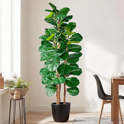 Artificial Fiddle Leaf Fig Tree 5FT, Faux Fig Tree Indoor with Natural Wood Trunk & Realistic Leaves with Moss Pot Fake Ficus Tree Large Faux Floor Plant for Living Room Home Decor, House Plant