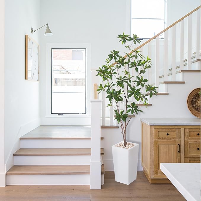Artificial Brave Ficus Tree 5FT-Faux Tree with White Tall Planter-Fake Potted Tree with Silk Leaves-Tall Artificial Plants for Home Office Living Room Hallway Decor Indoor