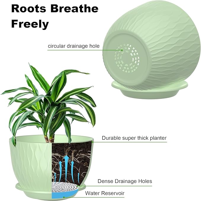 12/10/9 Inch Large Planter Pots, 3-Pack Flower Pots for Indoor Outdoor Garden Plants, Big Plant Pots with Multi Mesh Drainage Holes and Saucer (Green, 12"+10"+9")