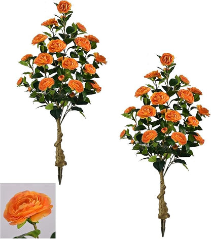 Artificial Camellia Tree with Spike, 36” Tall Faux Artificial Plants Outdoor Flower Tree with Orange Blooming Camellia Flower, Fake Flower Tree for Home, Garden Decor(Orange)