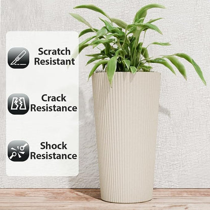 Tall Outdoor Planter Set of 2-23.6" Large Striped Plastic Flower Pots, Decorative Indoor/Outdoor Planters for Porch, Patio, Balcony & Garden, Cream