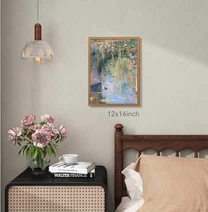 CAZLOUC Vintage Monet Floral Wall Art, Rustic Still Life Canvas Painting, Impressionist Pond Duck Wall Decor, Watercolor Botanical Landscape Poster Print for Bedroom Bathroom Wood Framed 12x16 Inch
