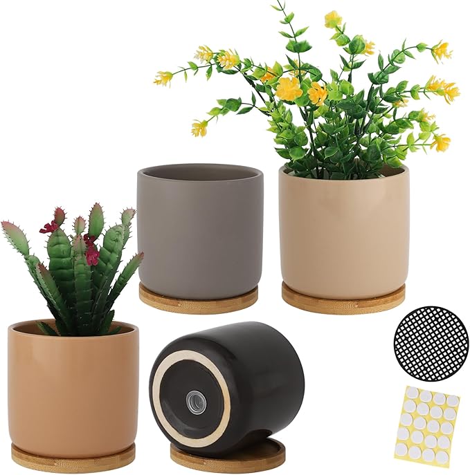4 Inch Ceramic Cylinder Plant Pots with Drainage Holes and Saucers, Glazed Small Planter for Indoor Plants, Succulent, Cactus, Herbs, Multicolor, Set of 4 (Plant Not Included)