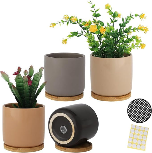 4 Inch Ceramic Cylinder Plant Pots with Drainage Holes and Saucers, Glazed Small Planter for Indoor Plants, Succulent, Cactus, Herbs, Multicolor, Set of 4 (Plant Not Included)