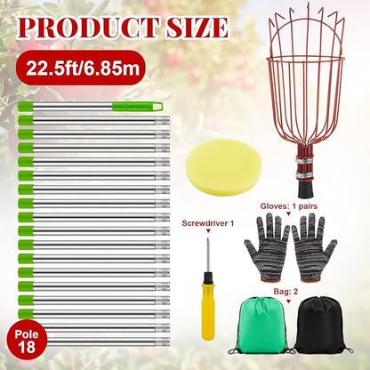 22.5ft Adjustable Fruit Picker Pole with Basket Long Handle with Storage Bag and Gloves Fruit Picker Equipment for Lemons Apples Avocados Picking(Red)