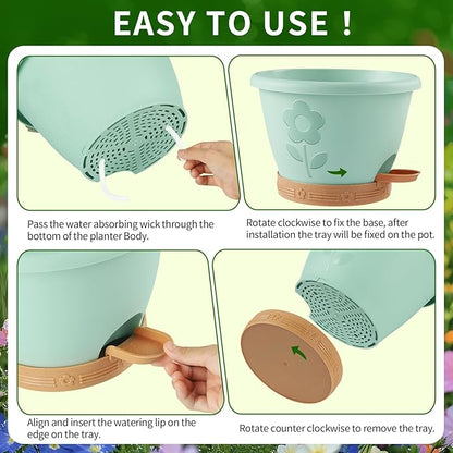 Plant Pots, Flower Pots for Indoor/Outdoor Plants, Self Watering Plastic Planters Pots with Drainage Holes, Saucer & Reservoir, Decorative Nursery Planting Pots(10 Inch Set of 4)