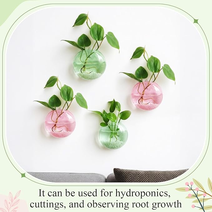 LemonRoad 2 Pcs Wall Hanging Glass Planter Gifts for Plant Lovers Pink Green Glass Terrariums Planter Oblate Wall Vases for Flowers Hydroponics Plant Propagation Station for Home Office Room Decor