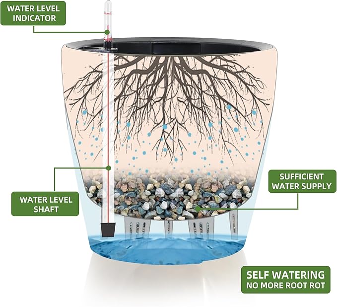 Dexceder 15x14 Self Watering Planter with Wheels Indoor Outdoor, Inner Pot Design, Thickened Large Floor Standing Flower Plant Pot with Water Level Indicator (Black Gold Crackle)
