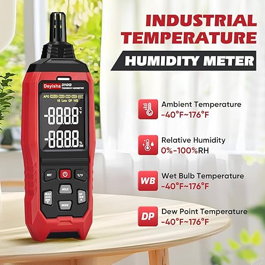 Industry Temperature Humidity Meter High Precision and High Rate Hygrometer with Ambient, Relative Humidity, Dew Point, Wet Bulb Thermometer, Min/Max Hold ±1°F and ±3% RH, 8000 Data Records