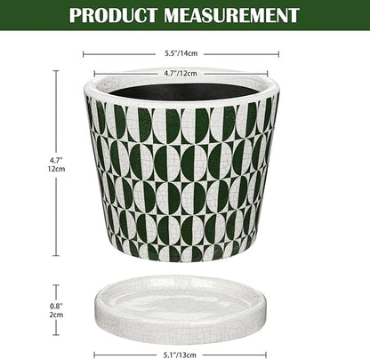 5.5 Inch Ceramic Plant Pot, Ice Crack Plant Pots with Drainage Hole and Saucer, Vintage Flowers Pot for Plants Indoor Outdoor Home Patio Office Decor (Green)