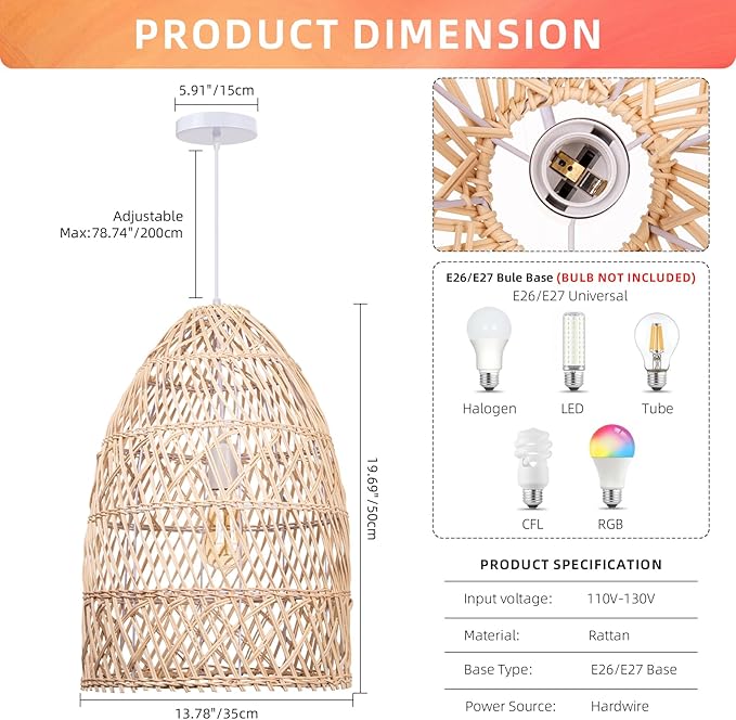 Arturesthome Natural Rattan Pendant Light, Woven Lantern Chandelier Pendant Lamp Shade, Hanging Ceiling Light, Handmade Lampshade for Kitchen Island Hallway Foyer