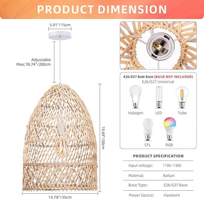Arturesthome Natural Rattan Pendant Light, Woven Lantern Chandelier Pendant Lamp Shade, Hanging Ceiling Light, Handmade Lampshade for Kitchen Island Hallway Foyer