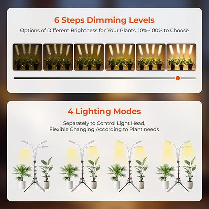 LED Grow Lights for Indoor Plants, 420 LEDs Full Spectrum Plant Lights for Indoor Growing with 15-63 inches Adjustable Tripod Stand, 4 Heads Floor Grow Lamp with 3/6/12H Auto On/Off Timer Function