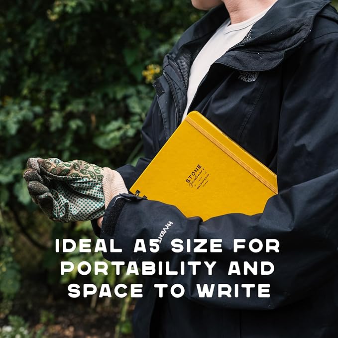 Stone Weatherproof Journal Gardening Notebook – A5 Ring-Bound, Vegan Leather Cover, Waterproof Paper, 128 Pages Half Grid & Dot Grid, Garden Planner with Plant-Spacing Resources (Yellow)