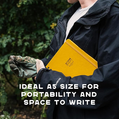 Stone Weatherproof Journal Gardening Notebook – A5 Ring-Bound, Vegan Leather Cover, Waterproof Paper, 128 Pages Half Grid & Dot Grid, Garden Planner with Plant-Spacing Resources (Yellow)