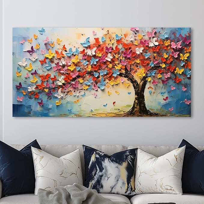 IDAFU Butterfly Tree Canvas Wall Art,Colorful Tree of Life Canvas Painting for Home Office Farmhouse,Ready to Hang