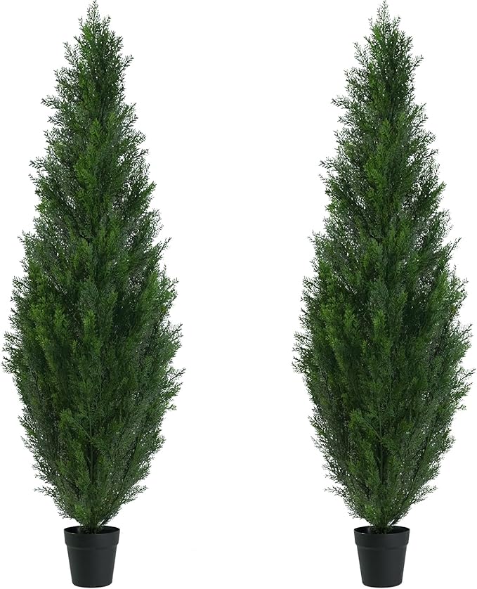5FT Artificial Topiary Cedar Tree with Pot, Fake Cedar Plant for Indoor Outdoor Décor, UV Resistant Faux Evergreen Tree for Home, Garden, Porch, Office, Artificial Christmas Tree Alternative,2Pack