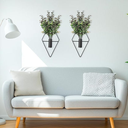 Wall Decor Hanging Planters with Artificial Plants, Modern Metal Wall Planter Set with Greenery Eucalyptus, Geometric Fake Plants for Black Decor Living Room Aesthetic (4 Pcs)