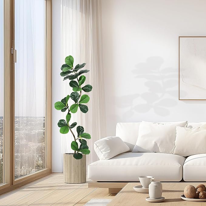 5ft Artificial Fiddle Leaf Fig Tree, Tall Fake Plants with White Planters, Artificial Plants Indoor with Realistic Moss for Home Decor Office Living Room