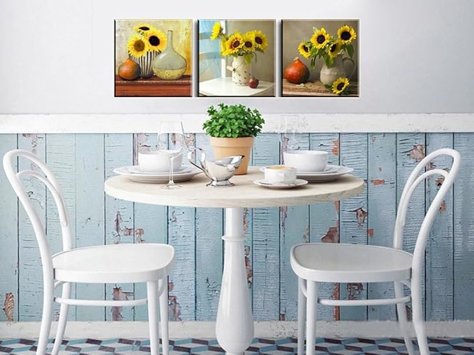 Sunflower Kitchen Wall Decor, SZ HD Still Life Oil Painting Canvas Art Prints of Bright Blooming Floral Illustration (Set of 3, Waterproof Artwork, 1" Thick Frame, Bracket Mounted Ready to Hang)