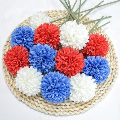 Artificial Flowers Chrysanthemum Ball Flowers 4th of July 12pcs Bouquet Present for Important People Glorious Moral for Home Office Coffee House Deco Parties and Wedding(White&Red&Blue)