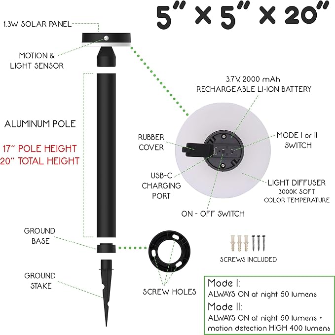 20" Solar Landscape Lights - Outdoor Solar Lights for Yard - PIR Sensor & Two Light Modes - 50lm & 400lm - Rechargeable Battery Last Up to 55 Hours - 3000K - IP44 Weather Resistant - 4 Pack