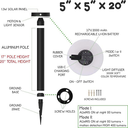 20" Solar Landscape Lights - Outdoor Solar Lights for Yard - PIR Sensor & Two Light Modes - 50lm & 400lm - Rechargeable Battery Last Up to 55 Hours - 3000K - IP44 Weather Resistant - 4 Pack