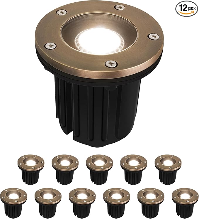 GKOLED 12V LED Brass Well Lights, In Ground Light Outdoor with MR16 Bulb and Swival Base, Low Voltage Landscape Lighting, 5W 410LM 2700K, IP67 Waterproof Up Light for Garden, Open Top, 12 Pack
